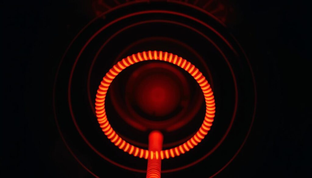 a highly detailed, macro photographic close-up of a glowing red-hot electric coil heating element, filling the frame, with a clean and minimal background. the coil is shown against a dark backdrop, with dramatic contrast and chiaroscuro lighting to highlight the intense glow and texture of the metal. the perspective is from slightly above, creating a sense of depth and dimensionality. the image conveys a sense of power, intensity, and the inner workings of a tumble dryer's heating mechanism.
