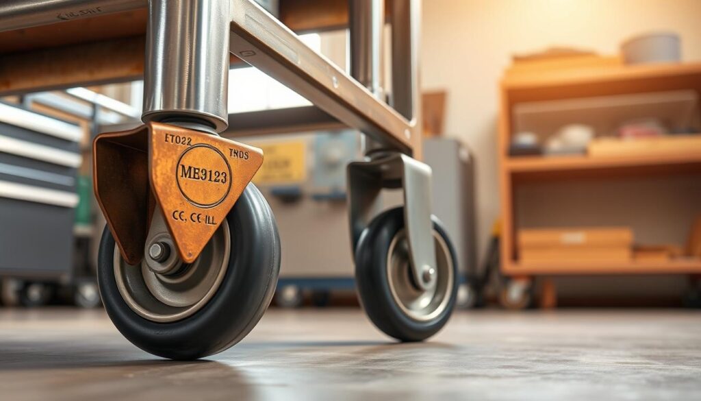 high-detailed, photorealistic image of mobile tool cart casters, showcasing the functionality and design features, shot in a well-lit workshop setting with warm directional lighting, using a wide-angle lens to capture the casters in context, with a clean, uncluttered background emphasizing the casters' materials, construction, and ability to provide smooth, effortless mobility for the tool cart, conveying a sense of utility and practical workshop aesthetics