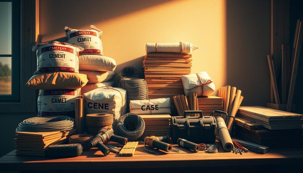 high detailed, photorealistic image of various building supplies on a wooden table, including bags of cement, coils of wire, stacks of wood planks, rolls of insulation, a power drill, a toolbox, and other construction materials. The items are illuminated by warm, diffused lighting from a window on the left side, casting soft shadows on the table surface. The composition has a clean, organized feel, with the supplies neatly arranged. The overall mood is one of functionality and preparation, evoking a sense of a well-stocked construction site or home improvement store.