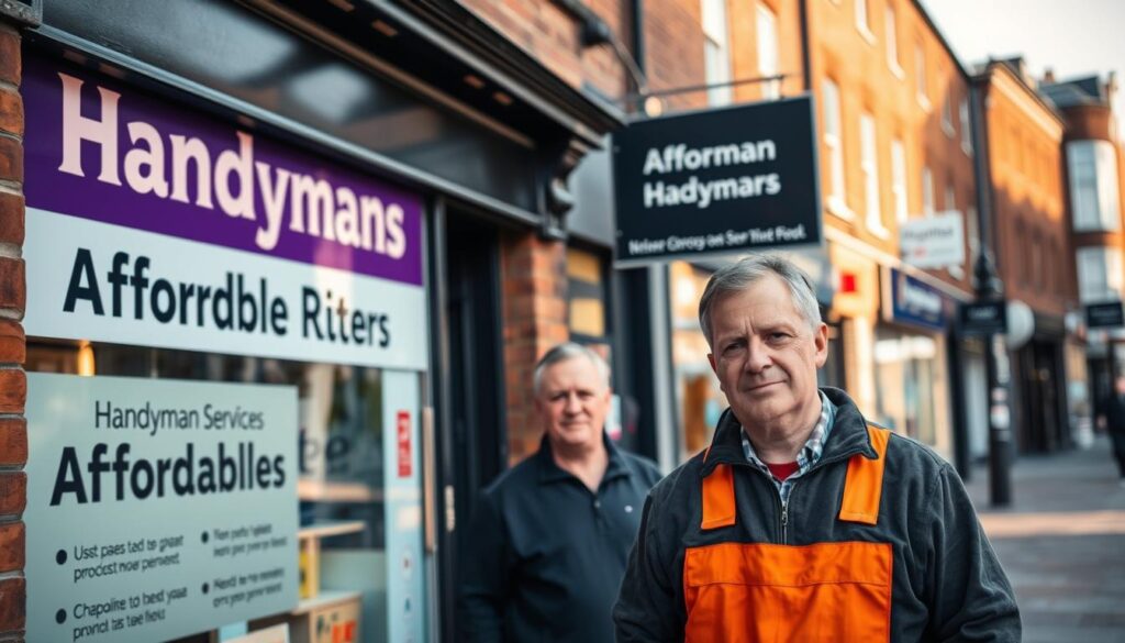 A Belfast city street lined with brick buildings, with a focus on a handyman's storefront displaying his services and affordable rates. The scene is bathed in warm, natural lighting, creating a welcoming atmosphere. The storefront's signage prominently features "Handyman Services" and "Affordable Rates" to catch the eye of passersby. In the foreground, a middle-aged handyman stands outside, ready to greet customers and discuss their property repair needs. The background features other local businesses, adding to the bustling urban setting. The overall composition conveys a sense of accessibility and reliability for those seeking affordable handyman services in Belfast.