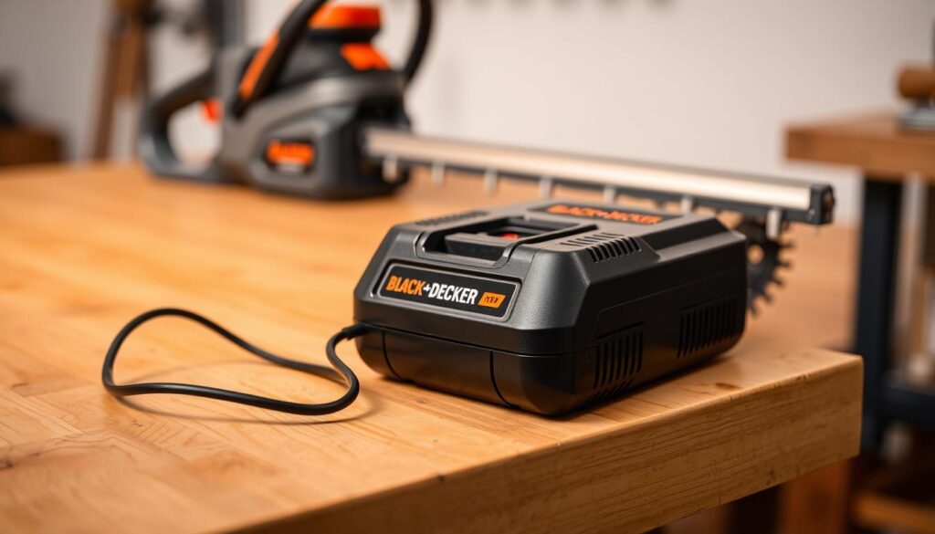 A Black+Decker hedge trimmer battery charger resting on a wooden workbench, its sleek black housing and LED indicators illuminated by warm, directional lighting. The charger is positioned prominently in the foreground, its power cord snaking across the surface. In the middle ground, the hedge trimmer itself is visible, its blade neatly tucked away. The background is slightly blurred, but suggests a clean, organized workspace, perhaps a garage or workshop, where this essential power tool accessory resides.