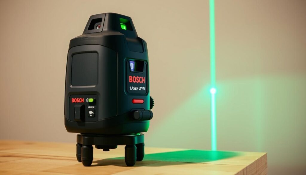 A Bosch GCL2-15 laser level standing on a wooden workbench, casting a bright green laser line onto a nearby wall. The level's sleek, durable casing is highlighted by soft, directional lighting that creates subtle shadows, emphasizing its ergonomic design. In the foreground, the level's buttons and controls are visible, inviting the viewer to imagine the smooth, responsive user experience. The background features a neutral, muted palette, keeping the focus on the laser level's robust construction and precision performance.