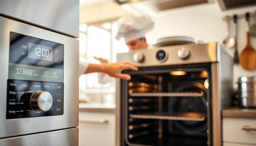 A bright, well-lit kitchen interior with a modern, stainless steel oven in the foreground. The oven's touchscreen display is prominently featured, indicating various temperature and function settings. The oven's door is slightly ajar, revealing the interior cavity. In the middle ground, a chef's hand reaches towards the oven's controls, suggesting the act of calibration. The background showcases other kitchen appliances and utensils, creating a sense of a functional, professional cooking environment. The lighting is warm and natural, casting a soft glow across the scene, emphasizing the importance of precise oven calibration for optimal cooking performance.