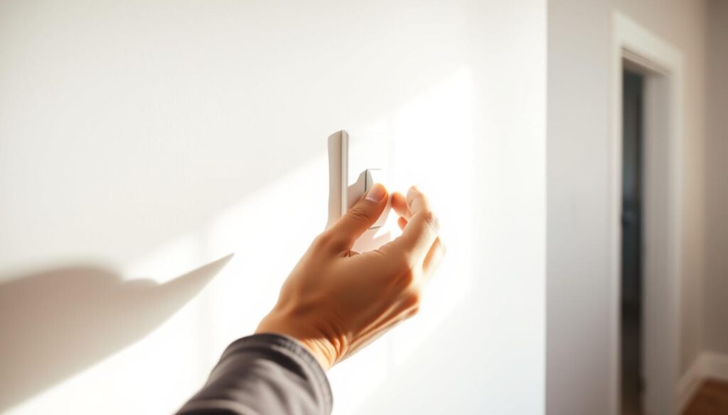 A brightly lit room, a white wall, and a hand carefully testing a newly installed light switch. The switch's cover plate is clean and pristine, the switch itself crisp and responsive as the hand toggles it on and off, checking for proper function. Soft, even lighting illuminates the scene, casting a warm, inviting glow. The perspective is slightly elevated, capturing the switch at eye level, emphasizing its central role in the image. The overall mood is one of careful attention and satisfaction, as the newly replaced light switch is verified to be working correctly.