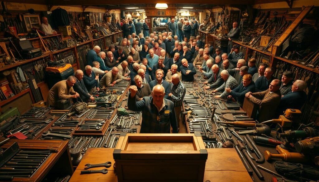 A bustling auction house filled with vintage tools and equipment, illuminated by warm, focused lighting that highlights the intricate details of each item. In the foreground, a wooden auction block takes center stage, surrounded by a sea of eager bidders leaning in, their hands raised in anticipation. The middle ground features rows of meticulously organized tools, from antique wrenches and hammers to rare, collectible power tools, each casting long shadows that add depth and drama to the scene. In the background, a crowd of onlookers and dealers mingle, their faces alight with the thrill of the hunt, creating a palpable energy that permeates the air. The overall atmosphere is one of excitement, nostalgia, and the promise of a great deal.