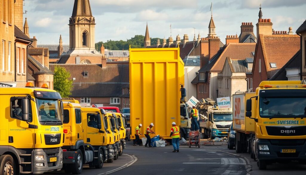 A bustling construction site in the heart of Oxford, where a towering yellow skip stands ready to collect debris and waste. In the foreground, a fleet of skip trucks with their distinctive logos, their drivers expertly maneuvering the vehicles through the narrow streets. In the middle ground, workers in high-visibility vests and hard hats carefully sort and load materials into the skip, their movements choreographed with precision. The background features the iconic spires and rooftops of Oxford's historic architecture, bathed in the warm glow of a late afternoon sun. The scene conveys a sense of efficiency, professionalism, and the essential role that skip hire services play in maintaining the city's vibrant construction industry.