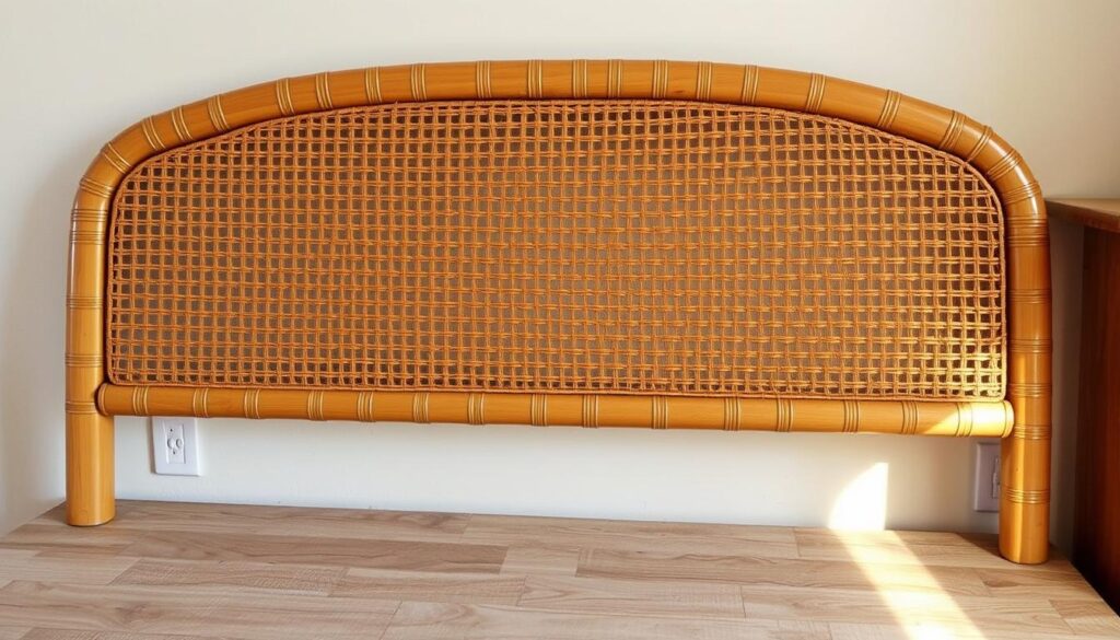 A cane headboard drying on a wooden surface, caught in soft, warm lighting that highlights the intricate weave and natural texture of the cane. The headboard is slightly elevated, allowing air circulation underneath, as the freshly applied finish glistens. The background is clean and uncluttered, creating a sense of focus on the repair process. The overall scene conveys a feeling of care, attention to detail, and a professional, high-quality finish to the restoration work.