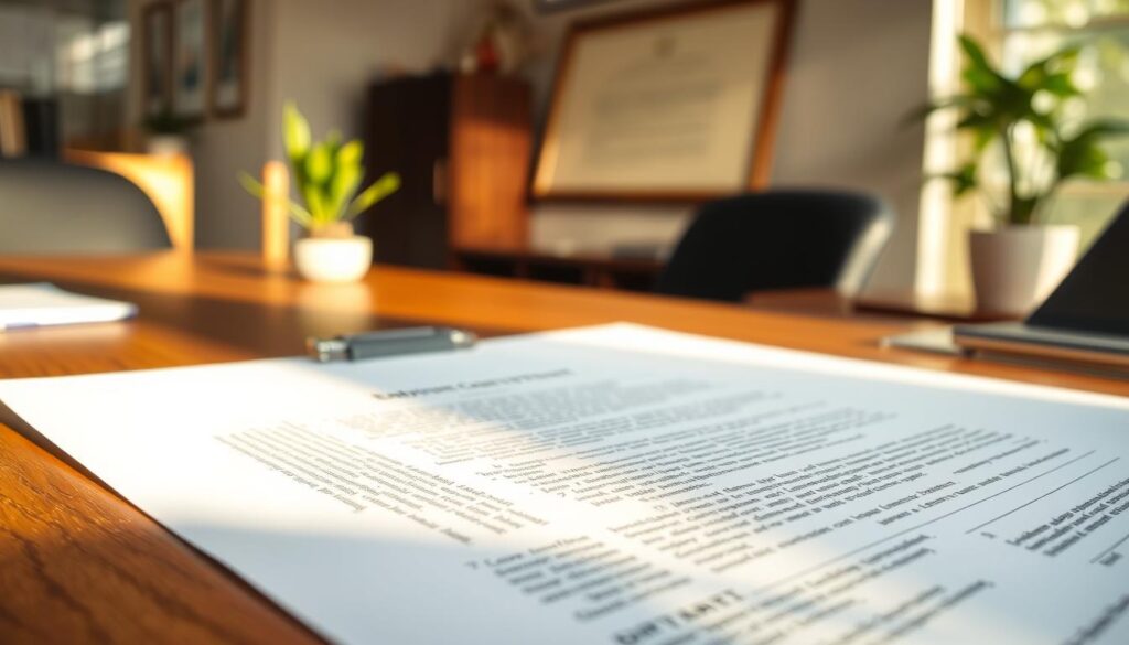 A carefully-crafted employment contract resting on a wooden desk, illuminated by warm, natural lighting. The document features intricate typography and a clean, professional layout, conveying the gravity and importance of the legal agreement. In the background, a blurred office environment suggests a professional setting, with subtle details like a potted plant or a framed diploma adding a sense of authenticity. The overall atmosphere exudes a tone of formality, trust, and the weight of a significant life decision.