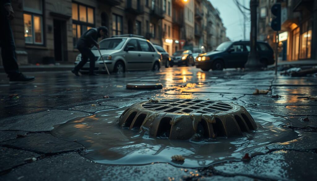 A chaotic scene of a drainage emergency unfolds in an urban setting. In the foreground, a clogged storm drain overflows, spilling murky water onto the pavement. Surrounded by cracked concrete and litter, a person struggles to clear the obstruction using a metal rod. In the middle ground, a partially submerged vehicle sits abandoned, its tires almost completely submerged. The background depicts a dimly lit street lined with aging buildings, their windows casting an eerie glow. The overall atmosphere is one of disrepair and urgency, conveying the need for professional drainage solutions to address this common urban crisis.