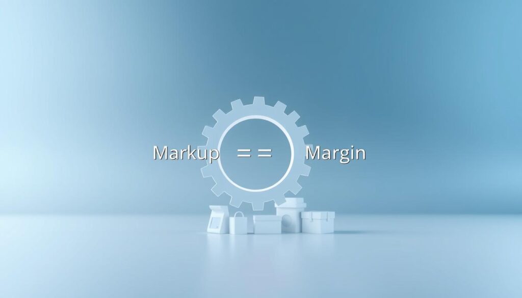 A clean, minimal infographic illustrating the relationship between markup and margin, rendered in a modern, data visualization style. The foreground features two interlocking cogs or gears, one labeled "Markup" and the other "Margin", with a clearly defined mathematical formula showing their conversion. The middle ground showcases a selection of simple product icons or shapes, such as basic consumer goods or e-commerce items, to provide context. The background features a soft, gradient-based color scheme in shades of blue, gray, and white, conveying a sense of digital elegance and precision. Lighting is clean and evenly distributed, with a slight vignette effect to draw the eye to the central illustration. Camera angle is slightly elevated to create a sense of depth and emphasize the infographic layout.