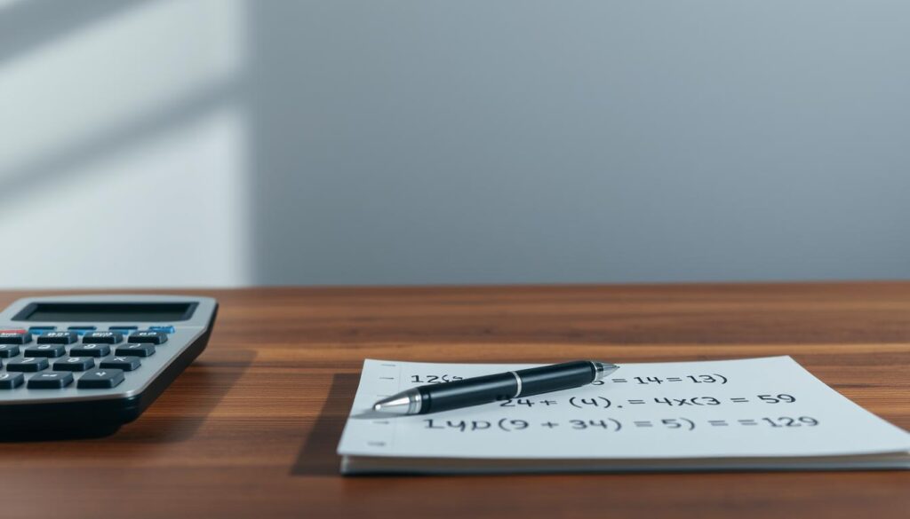A clean, well-lit workspace with a calculator, pen, and notepad arranged neatly on a wooden desk. In the foreground, a step-by-step markup calculation example is clearly displayed, with variables and formulas illustrated in a simple, easy-to-understand manner. The mid-ground features a neutral gray background, allowing the calculation example to take center stage. Soft, directional lighting from the left casts subtle shadows, creating depth and dimensionality. The overall atmosphere is one of focus, clarity, and attention to detail, perfectly suited to illustrate the "Calculating Markup: Step-by-Step Guide" section of the article.