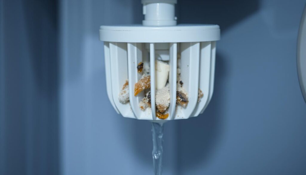 A clogged water filter in a refrigerator's water dispenser, viewed from a close-up angle. The filter is a stark white against a dark, muted background, with visible debris and discoloration obstructing the water flow. Soft, diffused lighting illuminates the filter, creating a sense of depth and texture. The composition is tightly framed, emphasizing the filter's importance as the central focus. The overall mood is one of functional deterioration, hinting at the need for maintenance and repair to restore the water dispenser's proper function.