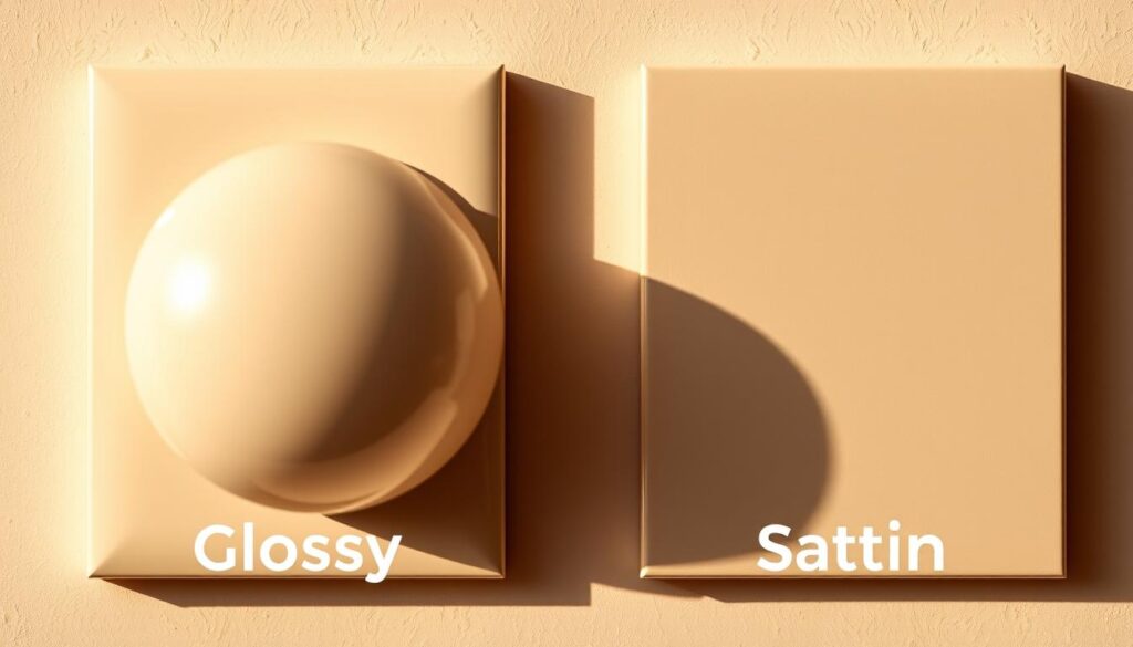 A close-up comparison of glossy and satin paint finishes, showcased on adjacent wall panels. The glossy surface reflects light, creating a sleek, mirror-like effect, while the satin finish has a subtle, velvety sheen. Warm, directional lighting casts subtle shadows, highlighting the textural differences between the two paint types. The panels are set against a muted, neutral background, allowing the paint finishes to be the focal point. The overall composition emphasizes the contrasting visual characteristics of gloss and satin, providing a clear illustration of their key differences.