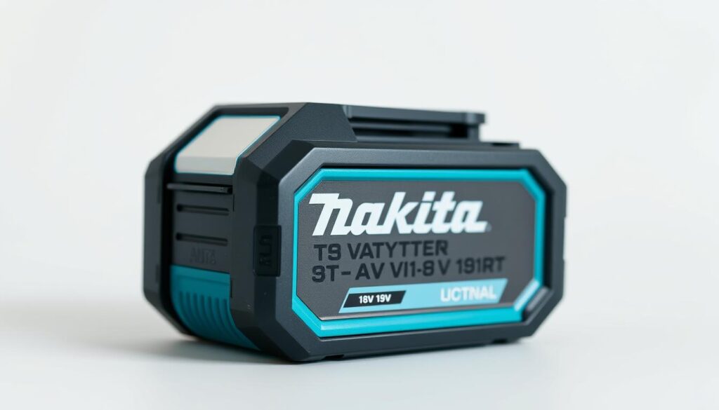 A close-up, high-resolution photograph of a Makita 18V battery pack in a clean, well-lit studio setting. The battery is positioned in the center of the frame, showcasing its sleek, rugged design with sharp edges and a vibrant turquoise color scheme. The image is captured from a slightly elevated angle, creating a sense of depth and emphasizing the battery's robust construction. The lighting is soft and diffused, creating subtle shadows that highlight the battery's contours and textures. The background is a neutral, seamless white backdrop, allowing the battery to be the sole focus of the image.