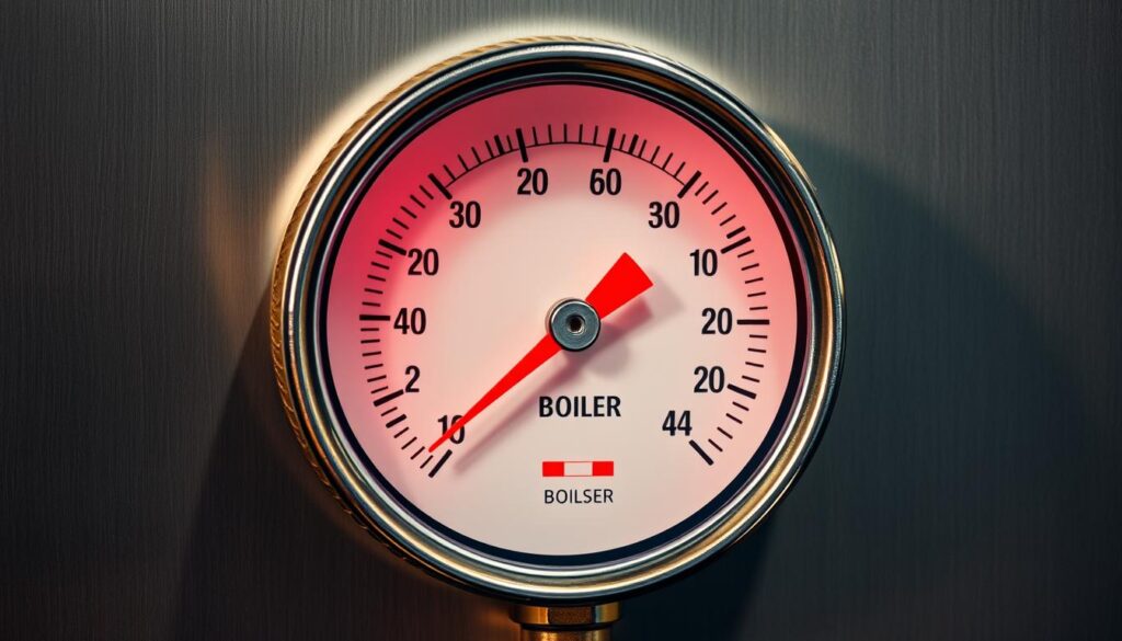 A close-up, high-resolution photograph of a professional-grade boiler pressure gauge, mounted on a metal panel. The gauge displays a range from 0 to 100 pounds per square inch, with a bright red needle pointing to the current pressure reading. The gauge is illuminated by soft, even lighting, casting subtle shadows that accentuate its mechanical details. The background is slightly blurred, placing the focus squarely on the gauge's precision and clarity. The image conveys a sense of reliability and the importance of monitoring boiler pressure to ensure safe and efficient operation.