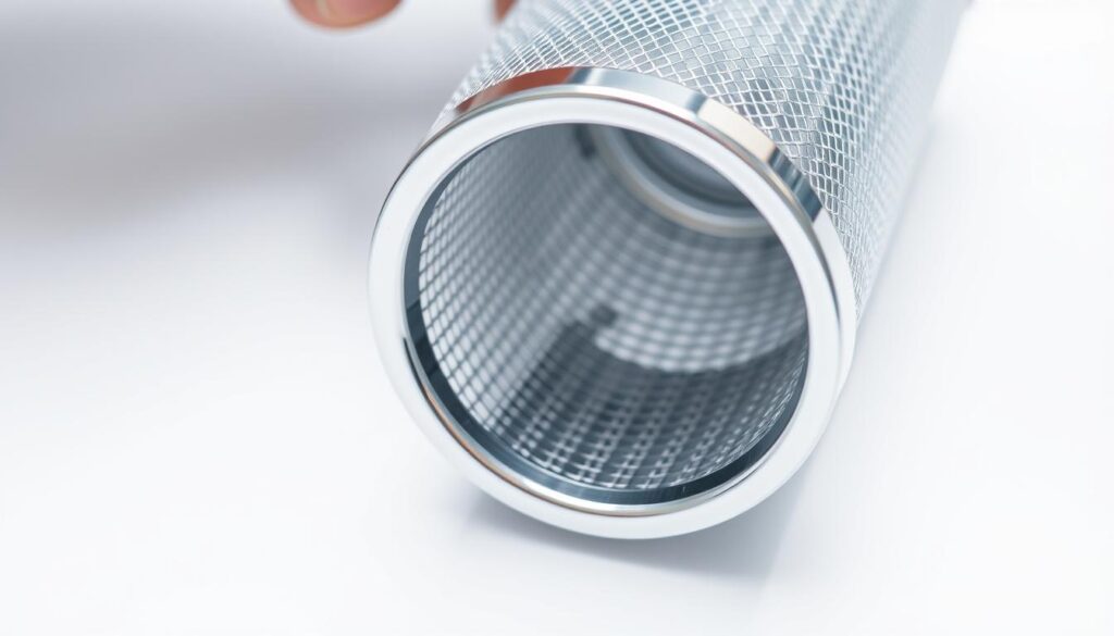 A close-up of a shiny metal dishwasher filter lying on a clean, white surface. The filter is being carefully examined, with its intricate mesh and fine grooves clearly visible under bright, evenly-distributed lighting. The scene has a clinical, methodical atmosphere, emphasizing the importance of properly maintaining this essential dishwasher component to ensure optimal performance and eliminate unpleasant odors. The camera angle is slightly elevated, providing a detailed, high-resolution view of the filter's structure and the pristine, uncluttered surroundings.