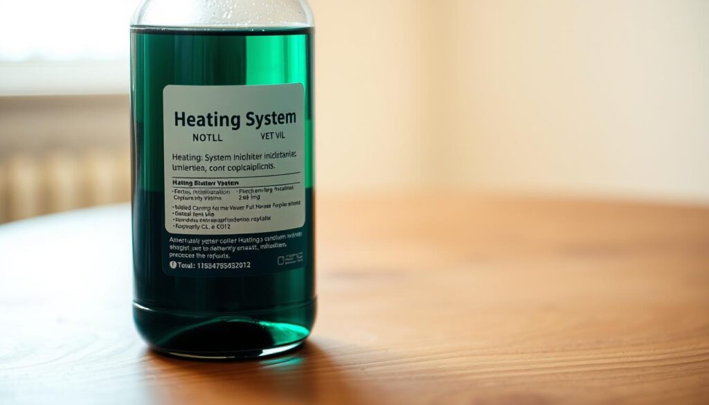 A close-up photograph of a heating system inhibitor bottle, standing on a wooden surface with a neutral background. The bottle is made of transparent glass, filled with a deep blue-green liquid, and has a label with technical information. Soft, warm lighting illuminates the scene, creating a sense of clarity and attention to detail. The composition highlights the product's form and color, conveying its purpose as an important component in maintaining a healthy heating system.