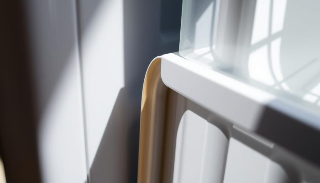 A close-up shot of a fridge door with the seal/gasket partially peeled back, revealing the interior edge of the door frame. The seal is made of a flexible, rubbery material in a light color, like white or beige. The door is slightly ajar, allowing a glimpse of the fridge interior. Bright, directional lighting from the side casts shadows that accentuate the texture and contours of the seal. The background is slightly blurred, placing the focus on the detailed removal process. The overall mood is one of instructional clarity, inviting the viewer to closely observe the necessary steps to replace an old, worn fridge seal.