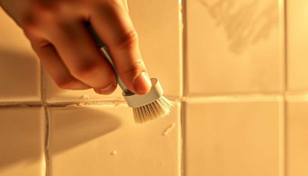 A close-up shot of a person's hand scrubbing a tile grout line with a small brush, removing stubborn limescale deposits. The background is a tiled bathroom wall, slightly out of focus, with a sense of steam or moisture in the air. The lighting is warm and diffused, creating soft shadows that highlight the textures of the grout and the bristles of the brush. The overall mood is one of focused determination, as the person works diligently to restore the clarity and cleanliness of the grout.