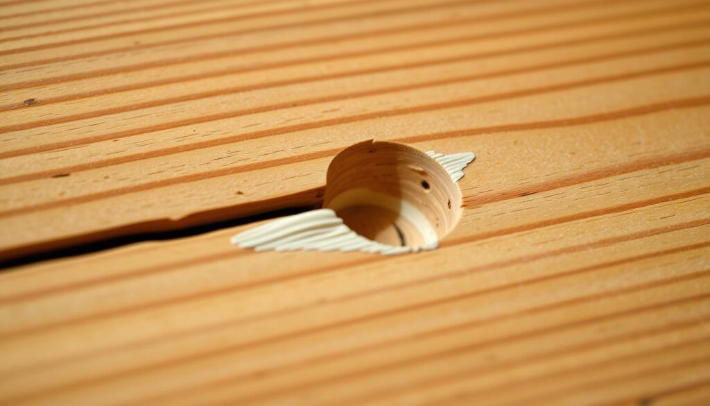 A close-up shot of a wooden surface, showcasing a neatly repaired crack or hole using a high-quality wood filler product. The filler has been smoothed and blended seamlessly into the surrounding wood grain, creating a seamless, professional-looking repair. The lighting is soft and diffused, accentuating the texture and natural beauty of the wood. The angle is slightly elevated, providing a clear, detailed view of the repaired area. The overall mood is one of care, attention to detail, and a sense of satisfaction in a job well done.