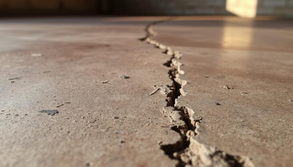 A close-up view of a concrete floor with a deep crack, illuminated by a warm, natural light source. The crack is prominent in the foreground, with textured edges and a distinct linear pattern. The surrounding concrete has a mottled, weathered appearance, suggesting age and wear. The lighting casts subtle shadows, adding depth and dimension to the scene. The background is slightly blurred, maintaining the focus on the crack and the process of repairing it. The overall mood is one of careful examination and the need for a thoughtful, step-by-step approach to address the issue.