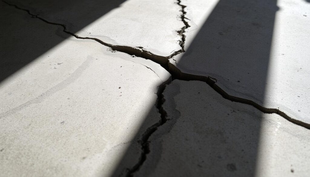 A close-up view of a concrete floor with a deep, jagged crack running across the surface. The crack is partially filled with a grey repair compound, leaving a textured, uneven finish. The lighting is bright and directional, casting shadows that highlight the depth and irregularity of the crack. The surrounding concrete is slightly discolored and weathered, conveying the need for maintenance. The overall mood is one of careful inspection, highlighting the importance of addressing such structural issues effectively.