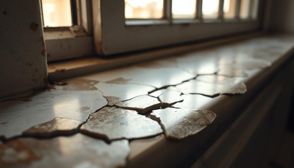 A close-up view of a damaged marble window sill, showcasing chipped and cracked edges, with uneven surface textures and discoloration. The sill is illuminated by a warm, natural light filtering through a nearby window, casting subtle shadows that accentuate the imperfections. The foreground focuses on the damaged areas, while the middle ground reveals the surrounding window frame and the background subtly hints at the interior of the room beyond. The overall mood is one of wear and weathering, suggesting the need for restoration and care.