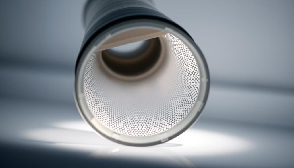 A close-up view of a dishwasher's inlet hose filter, showcasing its intricate mesh-like structure and fine perforations. The filter is positioned against a crisp, white background, illuminated by soft, diffused lighting that emphasizes its translucent and delicate appearance. The camera angle is slightly elevated, providing a clear and detailed perspective of the filter's design and functionality. The overall mood is one of technical precision and attention to detail, reflecting the importance of this component in maintaining the efficient operation of a dishwasher.