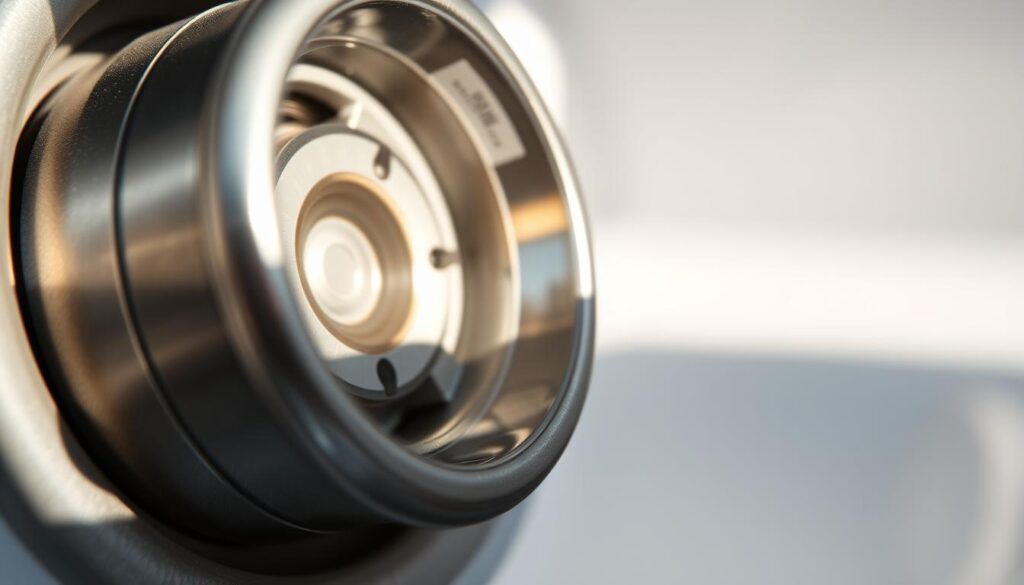 A close-up view of a dishwasher's inlet valve, showcasing its intricate design and mechanical components. The valve is illuminated by soft, natural lighting, casting subtle shadows that highlight its textural details. The foreground focuses on the valve's circular housing, its metallic surface reflecting the surrounding environment. In the middle ground, the valve's internal mechanisms, such as the spring and diaphragm, are visible, providing a clear understanding of its inner workings. The background fades into a clean, uncluttered setting, allowing the viewer to concentrate on the valve's engineering and functionality.