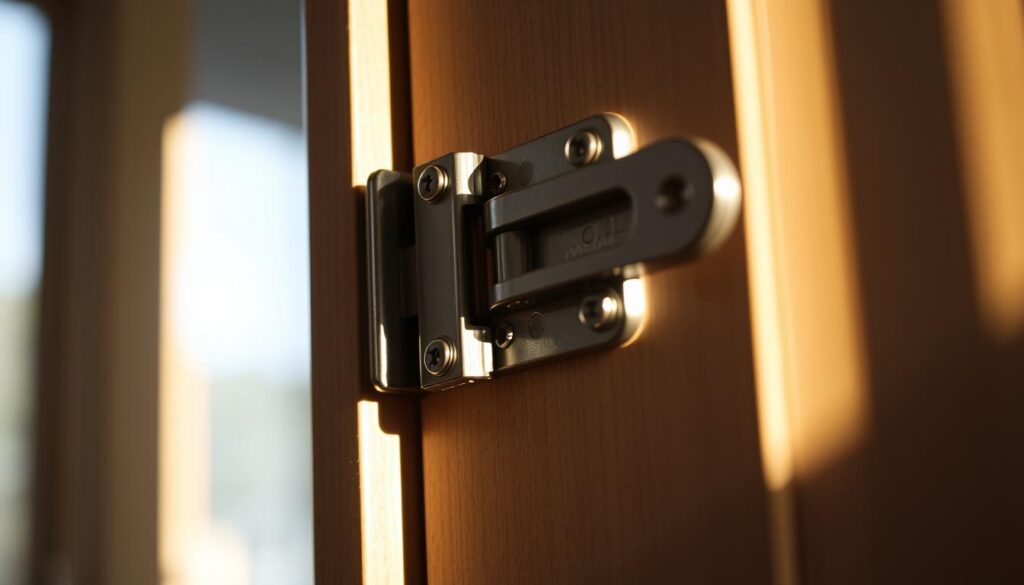 A close-up view of a door hinge, showcasing the intricate mechanism for adjusting its position. The hinge is in the foreground, illuminated by a warm, natural light that casts subtle shadows on the metal surfaces. The middle ground features the door frame, with its subtle grain and texture, while the background fades into a softly blurred, neutral backdrop, allowing the focus to remain on the hinge adjustment process. The overall mood is one of technical precision and attention to detail, conveying the importance of properly adjusting door hinges to ensure a smooth, seamless operation.