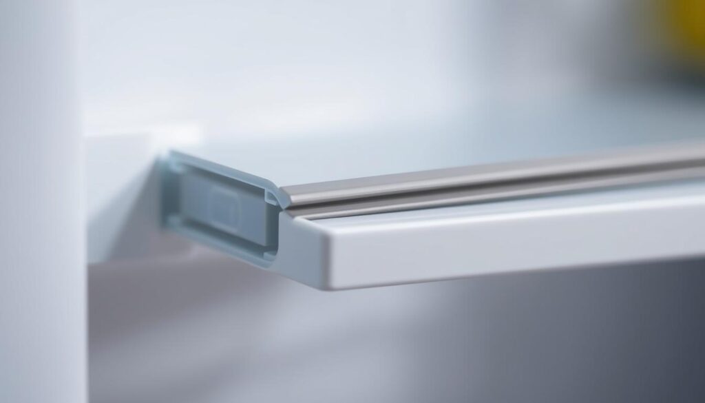 A close-up view of a fridge door seal, showcasing its intricate design and texture. The seal is made of flexible rubber material, with a distinct grooved pattern that allows it to create a tight, airtight seal around the fridge door. The lighting is soft and diffused, highlighting the subtle sheen of the rubber and emphasizing the flexibility and resilience of the seal. The image is captured at a slight angle, providing a sense of depth and dimension to the subject. The background is blurred, keeping the focus solely on the fridge door seal and its critical role in maintaining the fridge's temperature and energy efficiency.