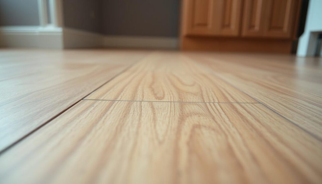 A close-up view of a laminate wood floor, showcasing a squeaky section. The floorboards are slightly buckled, with visible gaps between the planks. Diffused, warm lighting from above illuminates the textured surface, highlighting the fine details of the wood grain. The perspective is low, drawing the viewer's attention to the problematic area. The background is muted and out of focus, emphasizing the central issue of the squeaking laminate flooring.