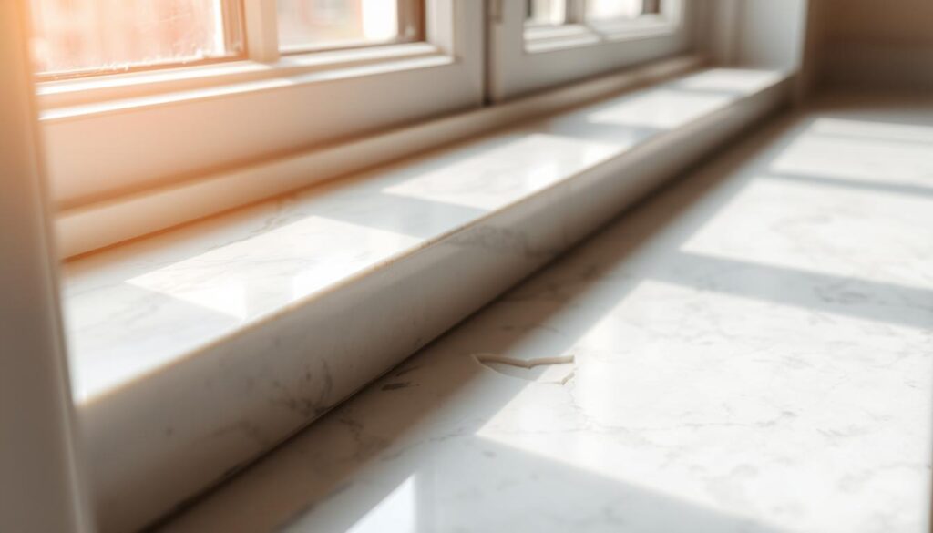 A close-up view of a marble window sill, showcasing the process of repairing a chipped area. The sill is situated in a well-lit setting, with natural light streaming in through the window, casting a warm glow on the surface. The chipped section is prominently featured, with the surrounding area providing context and detail. The image should convey a sense of care and attention to the repair process, with the viewer able to imagine the steps involved in restoring the sill to its former pristine condition. The lighting should be soft and diffused, highlighting the texture and veining of the marble, and creating a sense of depth and dimension. The angle should be slightly elevated, allowing the viewer to observe the repair work from an informative perspective.