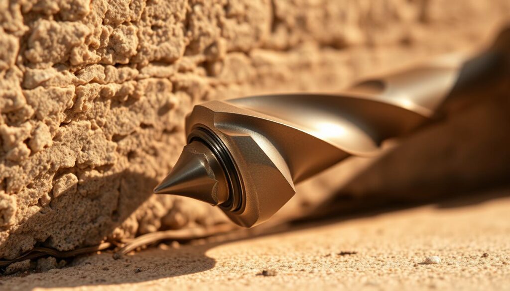 A close-up view of a metal masonry drill bit against a textured concrete or stone background. The drill bit is angled slightly, highlighting its sharp cutting edges and serrated design. The lighting is warm and directional, casting subtle shadows that accentuate the drill's contours. The focus is sharp on the drill, with a slightly blurred, out-of-focus background to draw the viewer's attention. The overall mood is one of precision, functionality, and the importance of using the right tool for the job.