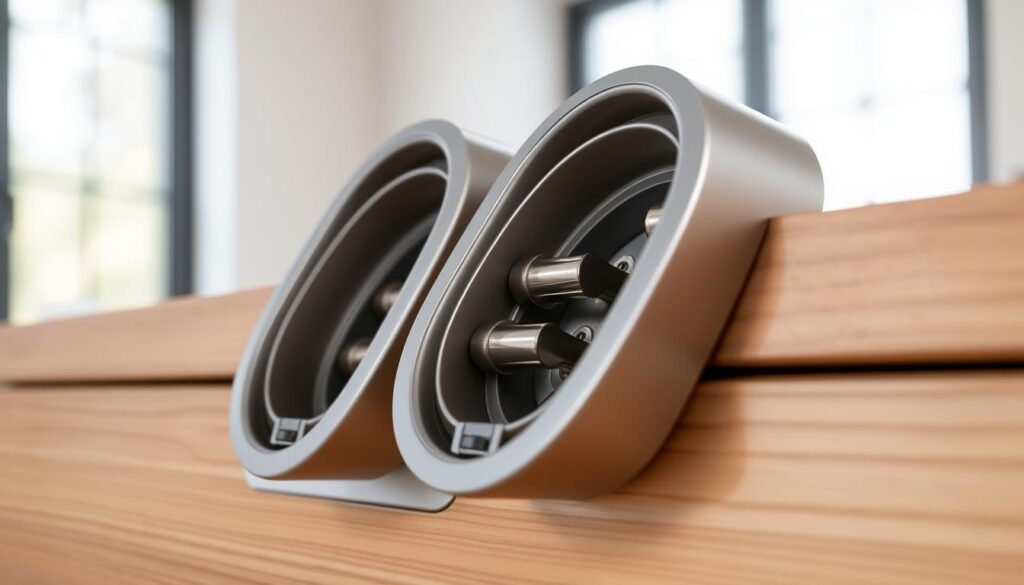 A close-up view of a pair of soft-close cabinet dampers, showcasing their internal mechanism and operation. The dampers are mounted on a wooden cabinet surface, with a sleek, minimalist design. Illuminated by natural, diffused lighting from a large window, the dampers appear smooth and silky in texture, with a subtle metallic sheen. The dampers are positioned to reveal their inner workings, including the piston-like components that provide the soft-closing action. The background is blurred, keeping the focus on the intricate details of the dampers and their integration within the cabinet structure.