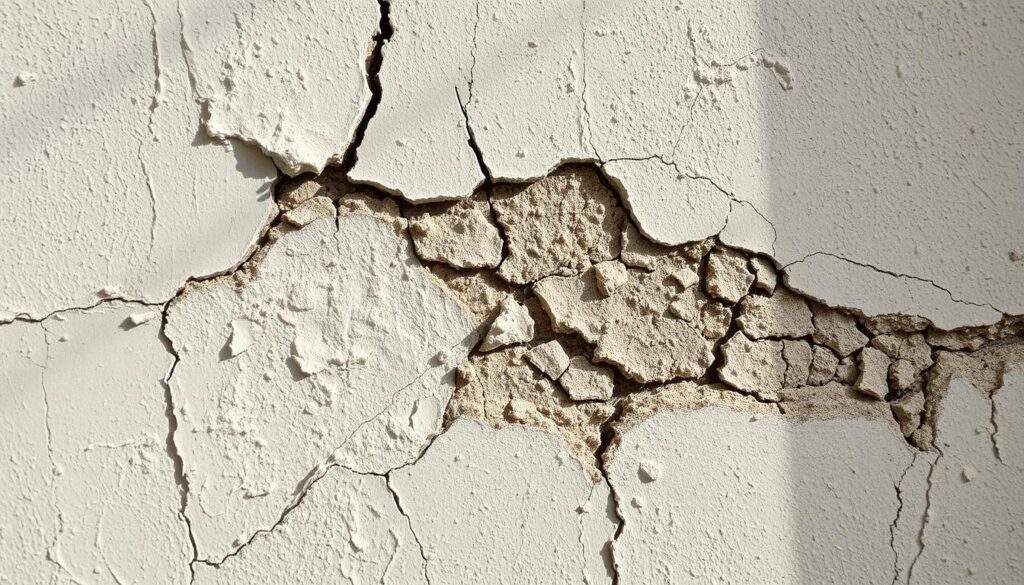 A close-up view of a section of damaged plaster wall, with the plaster surface flaking and crumbling, revealing the underlying laths or mesh. The plaster appears dull and discolored, with cracks and fissures radiating outward from a central point of failure. The lighting is soft and diffused, casting gentle shadows that accentuate the textural details of the damaged surface. The overall mood is one of weathered decay, hinting at the need for careful restoration and repair.