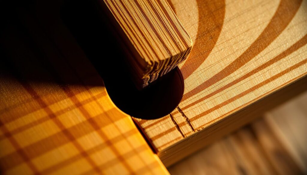 A close-up view of a woodworking joint, showcasing the internal structure and strength of a wood glue connection. The joint is illuminated by a warm, focused light, casting dramatic shadows that accentuate the intricate grain patterns and subtle textures of the wood. The camera angle is slightly elevated, providing a detailed, cross-sectional perspective that reveals the interlocking fibers and the robust adhesive bond between the mating surfaces. The overall composition conveys a sense of technical precision and the inherent durability of a well-crafted pocket-hole joint, aligning with the article's focus on improving woodworking techniques.