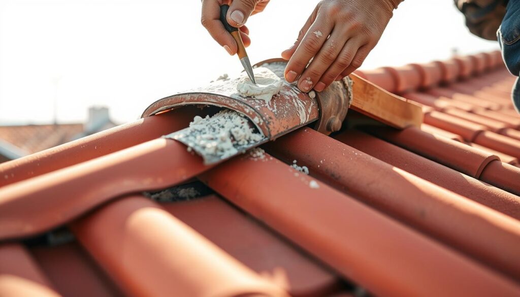 A close-up view of a worker's hands applying mortar to a loose roof ridge tile, the texture of the mortar clearly visible. The tile sits atop a clean, well-maintained clay tile roof, the sun casting warm, natural lighting across the scene. In the background, a glimpse of the clear sky and surrounding rooftops, providing context. The image conveys a sense of careful, methodical repair, with the focus on the delicate application of the mortar to securely fix the ridge tile in place.