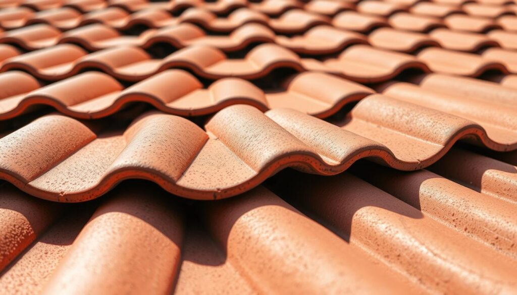 A close-up view of neatly arranged, interlocking ridge tiles atop a traditional tile roof. The tiles are made of terracotta, with a warm, earthy hue and a slightly textured surface. Sunlight casts gentle shadows, highlighting the overlapping patterns and the subtle curves of the tiles. The scene is presented in a clean, well-lit composition, with a slight angle to showcase the intricate details and the overall shape of the ridge. The image conveys the importance of properly maintained and installed roof ridge tiles in protecting the integrity and longevity of a tiled roof system.