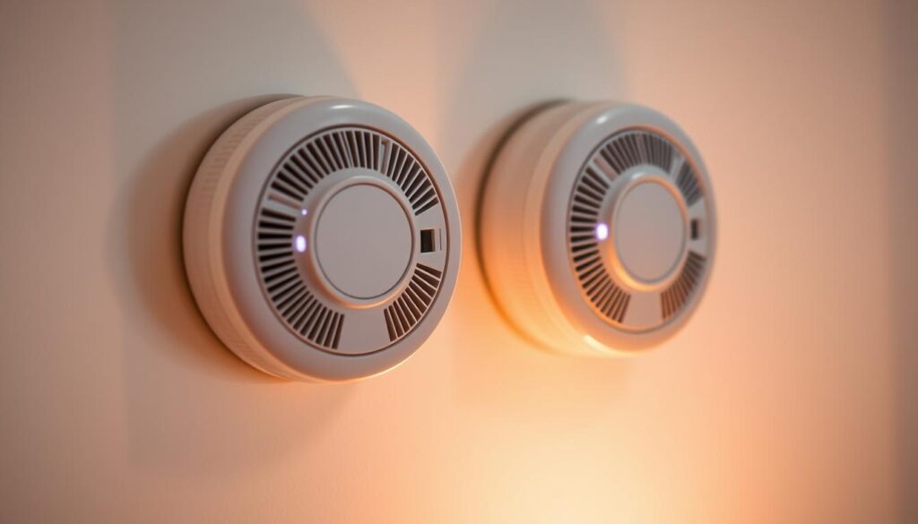 A close-up view of two mains-powered smoke alarms mounted on a pale-colored wall, illuminated by soft, diffused lighting. The alarms feature prominent sensor grids, LED indicator lights, and sturdy plastic housings in a neutral color scheme. The alarms appear sleek and modern, conveying a sense of reliable home safety. The foreground is sharply in focus, while the background is slightly blurred, gently fading into a subtle, warm-toned ambiance that enhances the practical yet elegant nature of the devices.