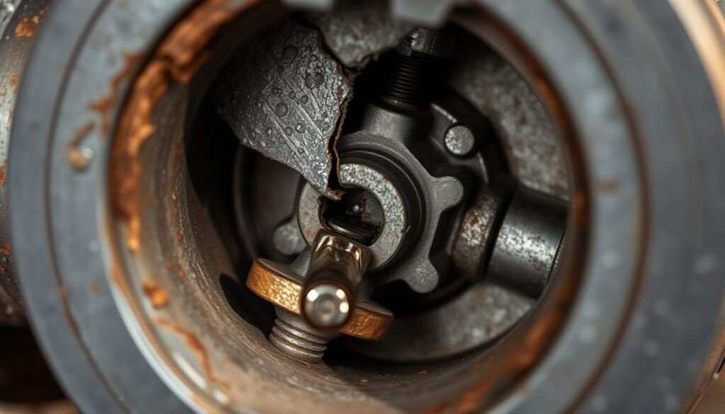 A closeup view of a metal gate valve, its intricate inner workings visible through a crack in the leaking housing. The valve is depicted in a neutral color palette, with a focus on the worn and corroded components that have led to the dripping issue. Lighting is soft and indirect, casting subtle shadows that accentuate the valve's textured surface and the accumulation of mineral deposits. The scene is framed to highlight the valve's mechanics, conveying a sense of technical complexity and the need for careful maintenance and repair.