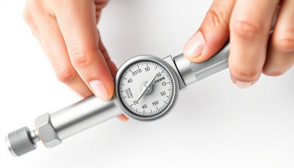 A closeup view of a person's hands adjusting the dial of a silver torque wrench against a clean, white background. The wrench has a large, clearly marked scale with numerical values displayed in an easy-to-read font. The hands are positioned precisely, with one hand steadying the wrench's body and the other gently turning the adjustment knob. The lighting is soft and even, highlighting the metallic shine of the wrench and the subtle textures of the person's skin. The overall mood is one of focus, precision, and attention to detail, reflecting the importance of properly setting the correct torque value.