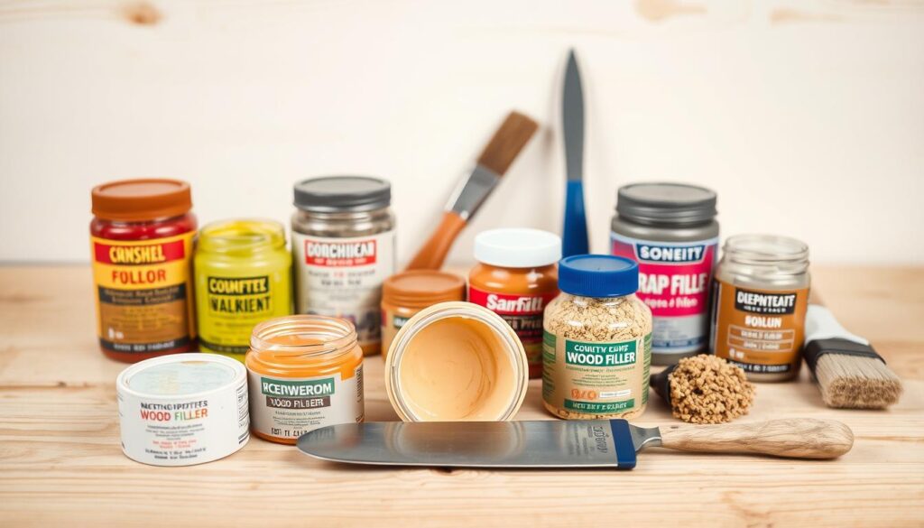 A collection of various wood filler products displayed on a clean, bright wooden surface. The foreground features several open jars and tubes of wood filler in different colors and textures, ranging from smooth to coarse. The middle ground showcases the different application methods, such as a putty knife and a brush. The background depicts a simple, minimalist setting with soft, natural lighting, highlighting the wood grain and the tactile quality of the wood filler materials. The overall composition conveys a sense of practicality and attention to detail, reflecting the subject of effectively selecting the right wood filler for a project.
