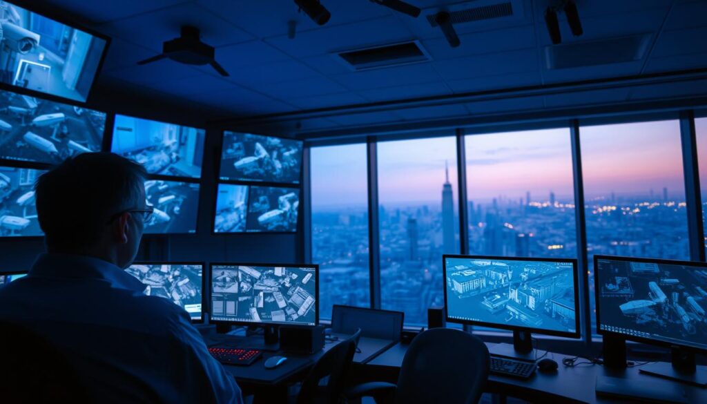 A control room with an array of high-definition CCTV monitors, displaying real-time feeds from multiple security cameras across a sprawling urban landscape. The room is bathed in a soft blue glow, creating a sense of calm and focus. In the foreground, a security operator meticulously scans the screens, their attention honed by years of experience. The middle ground reveals a bank of powerful computer workstations, equipped with advanced video analytics software, enabling remote monitoring and intelligent threat detection. The background showcases the city skyline, visible through large windows, emphasizing the scope and scale of the CCTV system. The overall atmosphere conveys a sense of technological mastery, ensuring the safety and security of the urban environment.