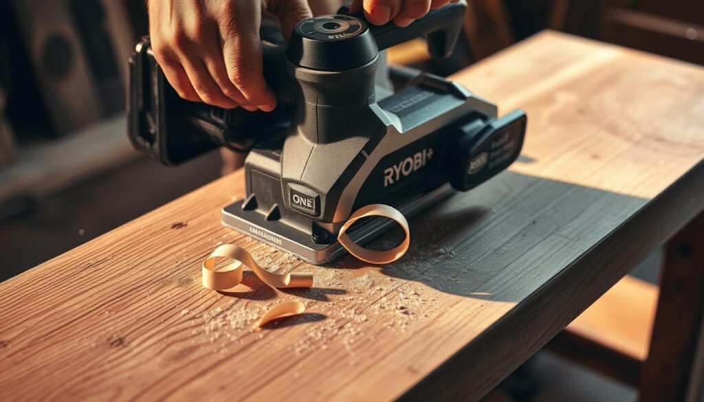 A cordless Ryobi ONE+ planer effortlessly gliding across a weathered wooden surface, shaving off delicate curls of light-colored wood. The planer's powerful motor hums steadily, its metal blade precisely removing material with each pass. Warm, directional lighting casts dramatic shadows, highlighting the grain patterns and textures of the wood. The workspace is clean and orderly, with sawdust scattered around the workpiece. A sense of focused productivity and skilled craftsmanship permeates the scene.