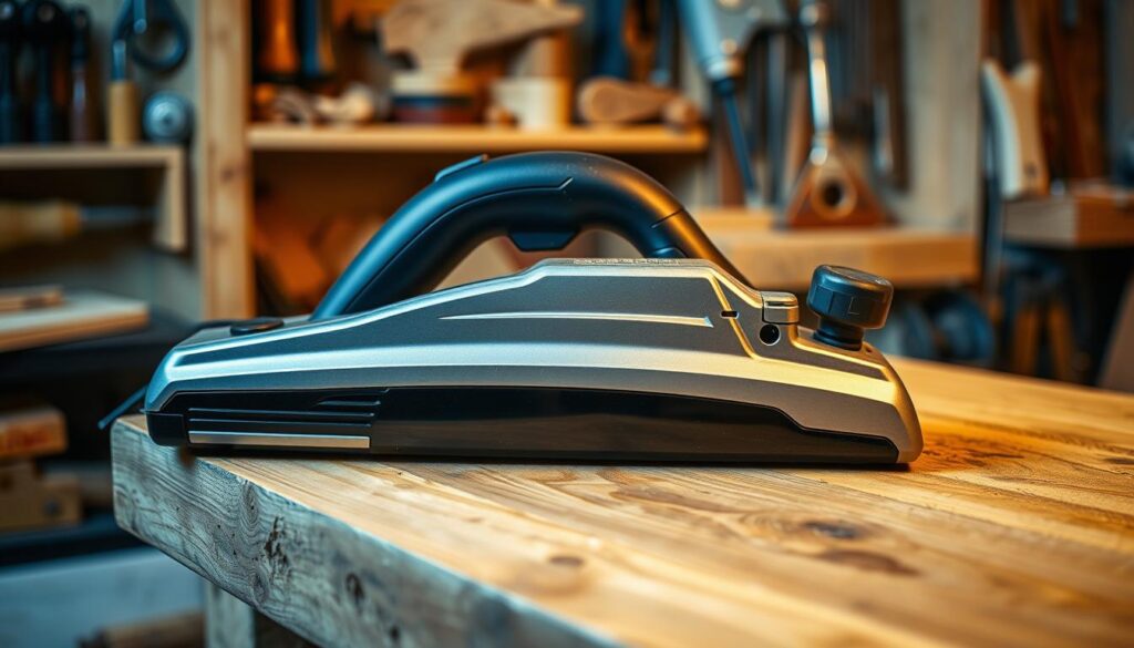 A cordless planer rests on a wooden workbench, its smooth metallic body gleaming under warm studio lighting. The blade guard is retracted, revealing the sharp carbide blades ready to shave off thin layers of wood. The planer's ergonomic handles and compact design convey its portability and ease of use. In the background, a shelf displays an assortment of woodworking tools, suggesting the versatility and practical applications of this cordless power tool. The scene evokes a sense of precision, efficiency, and the satisfaction of creating handcrafted projects.