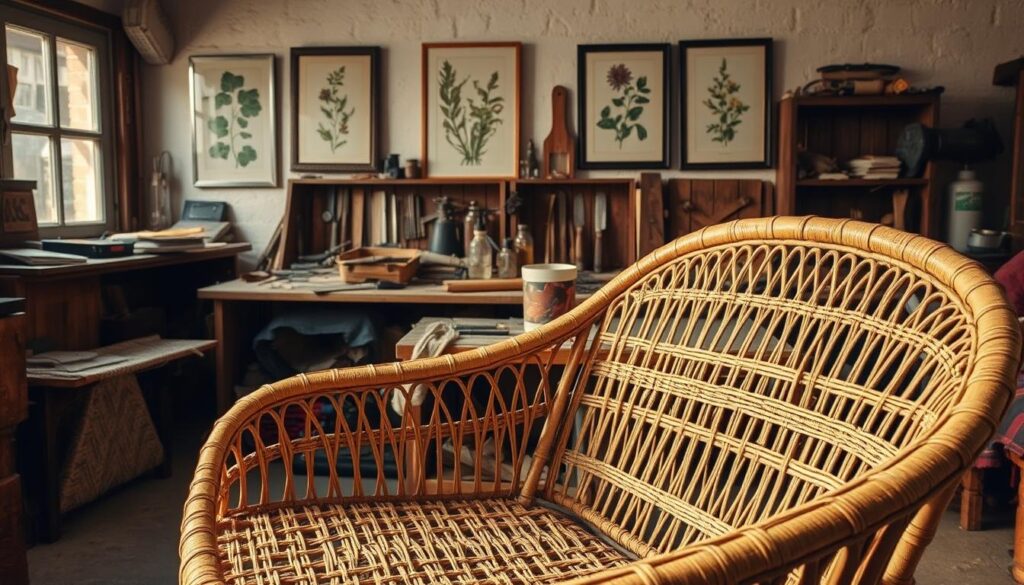 A cozy workshop scene with an intricate rattan furniture piece in the foreground, its cane webbing in a state of disrepair. Warm, soft lighting illuminates the scene, casting gentle shadows that accentuate the natural textures of the rattan. In the middle ground, various tools and materials are neatly arranged, ready to aid in the restoration process. The background features a wall adorned with framed botanical prints, hinting at the care and attention that will be applied to reviving the weathered furniture. The overall atmosphere is one of focused calmness, inviting the viewer to consider the methodical steps required to breathe new life into the cherished rattan piece.