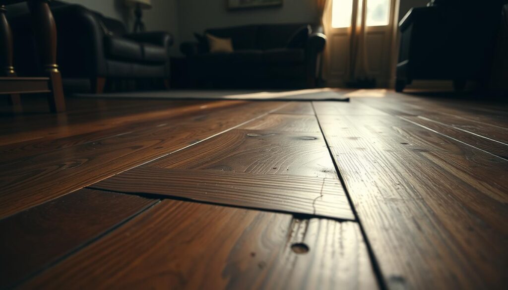 A creaky laminate floor in a dimly lit living room, with soft warm lighting casting long shadows. The floorboards are worn and uneven, with subtle gaps and cracks visible. The camera angle is low, capturing the perspective of someone standing on the floor, highlighting the textured surface and the potential sources of the annoying squeaks. The atmosphere is one of a cozy, lived-in space, but with an underlying sense of frustration and a need for a solution to the persistent flooring issue.