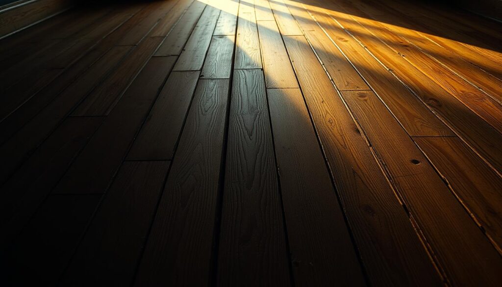 A creaky wooden floor in a dimly lit room, the floorboards slightly warped and discolored, casting long shadows that crisscross the surface. The scene is illuminated by a single overhead light, creating a warm, golden glow that accentuates the grain and texture of the weathered wood. The camera angle is low, capturing the floor from a close, intimate perspective, emphasizing the worn and uneven planks that seem to creak with each step. The overall atmosphere is one of age and neglect, hinting at the need for repair and reinforcement of the squeaky subfloor beneath.