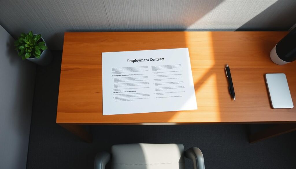 A crisp, minimalist employment contract template laid out on a clean, well-lit office desk. The document is neatly centered, with a professional font and clear section headings. The desk surface is a warm, wooden tone, complemented by a grey, linen-textured background. Soft, directional lighting casts subtle shadows, accentuating the contract's clean lines and formal presentation. The overall mood is one of efficiency, organization, and attention to detail - reflecting the essential elements of a comprehensive job contract.